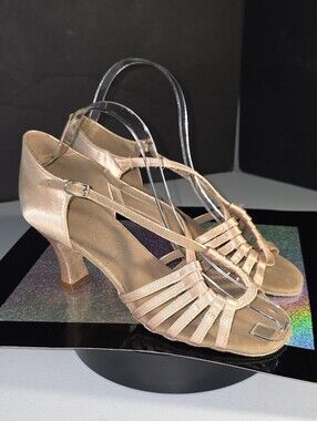 Very Fine Satin T‑Strap Dance Heels Ladies Latin & Salsa Ballroom Champagne Sz 8